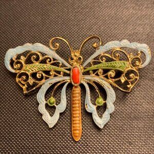 Designer Mid Century Arthur Pepper Yellow Pink Brown Gold Tone Butterfly Brooch